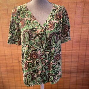 Anthropologie Green Paisley Button Front Short Sleeve Shirt Size 4